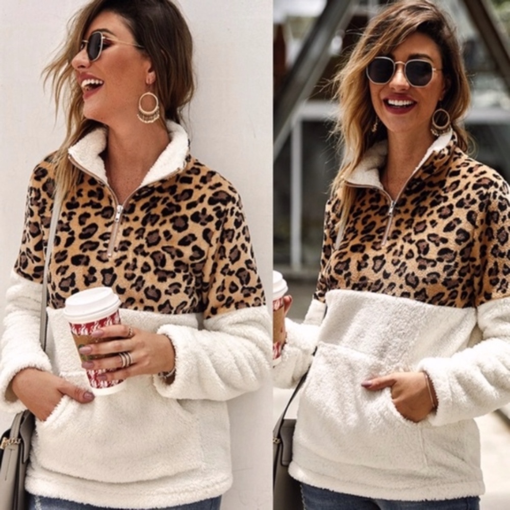 RANDALL leopard Print Furry Zipper Sweater - Picture 3 of 3